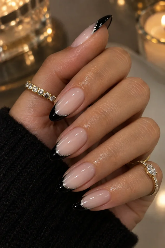 Milky nude-white nails with glossy black French tips