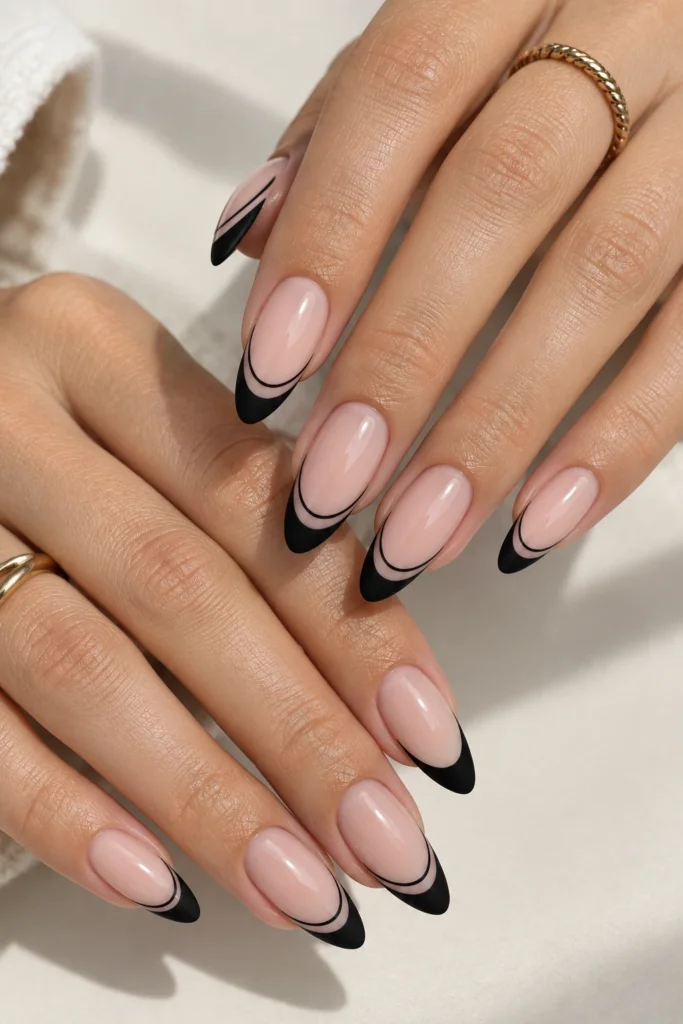 Glossy nails with double black French tip lines