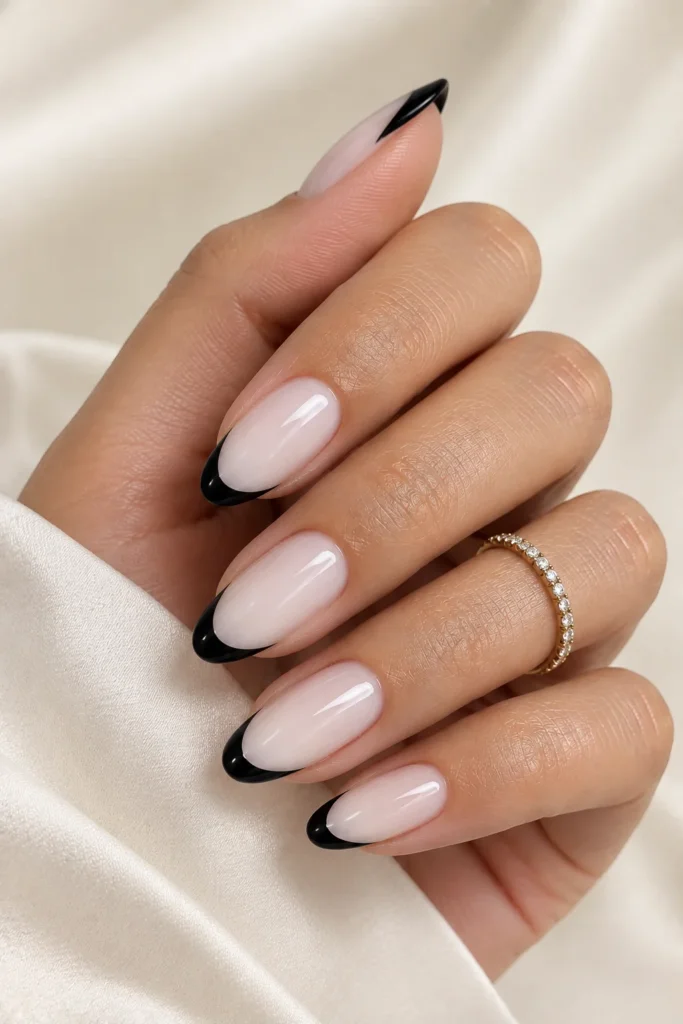 Blush pink nails with glossy black French tips