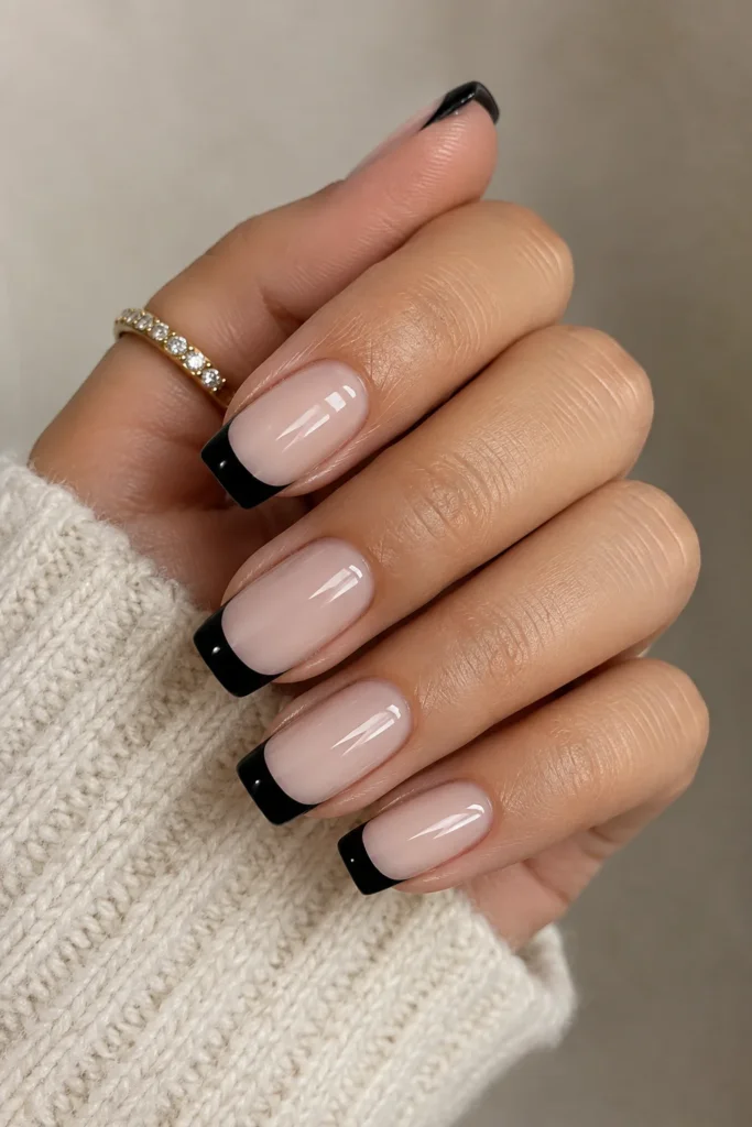 Mix-and-match black French tip manicure with gold accents