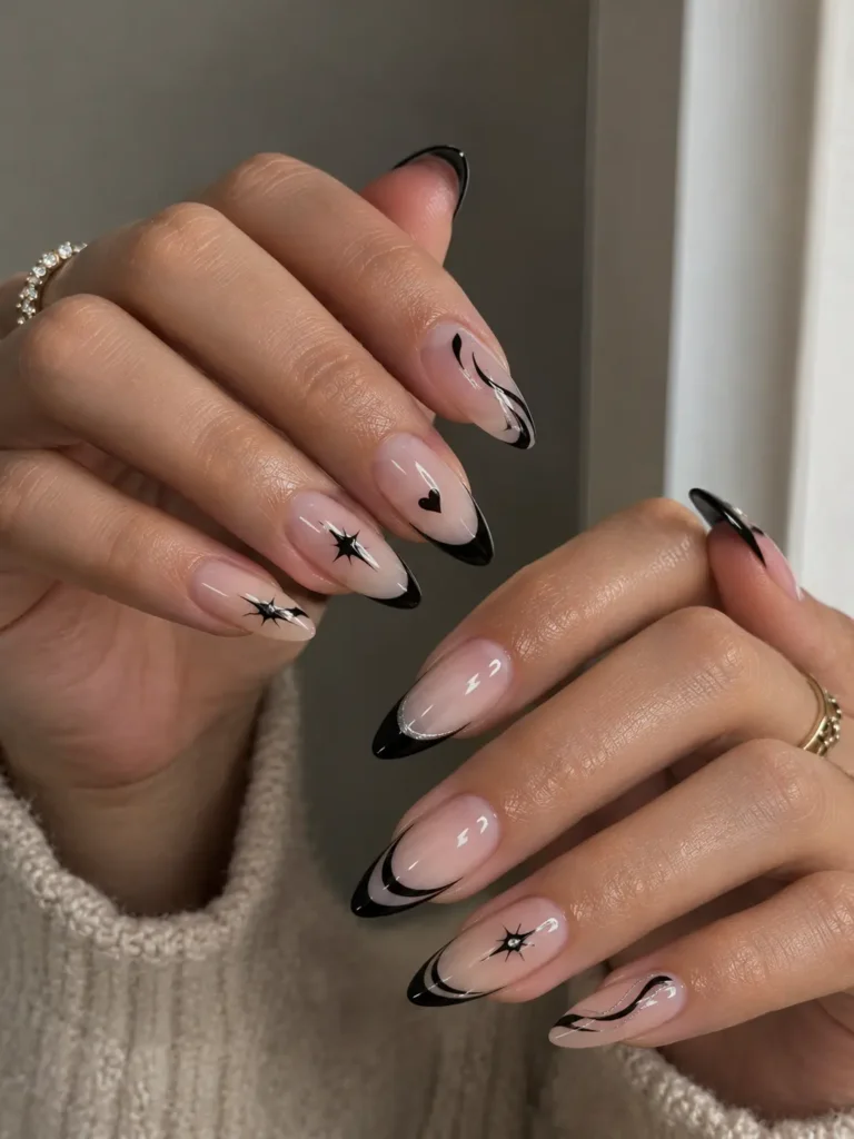 Black French tips with a thin silver glitter accent