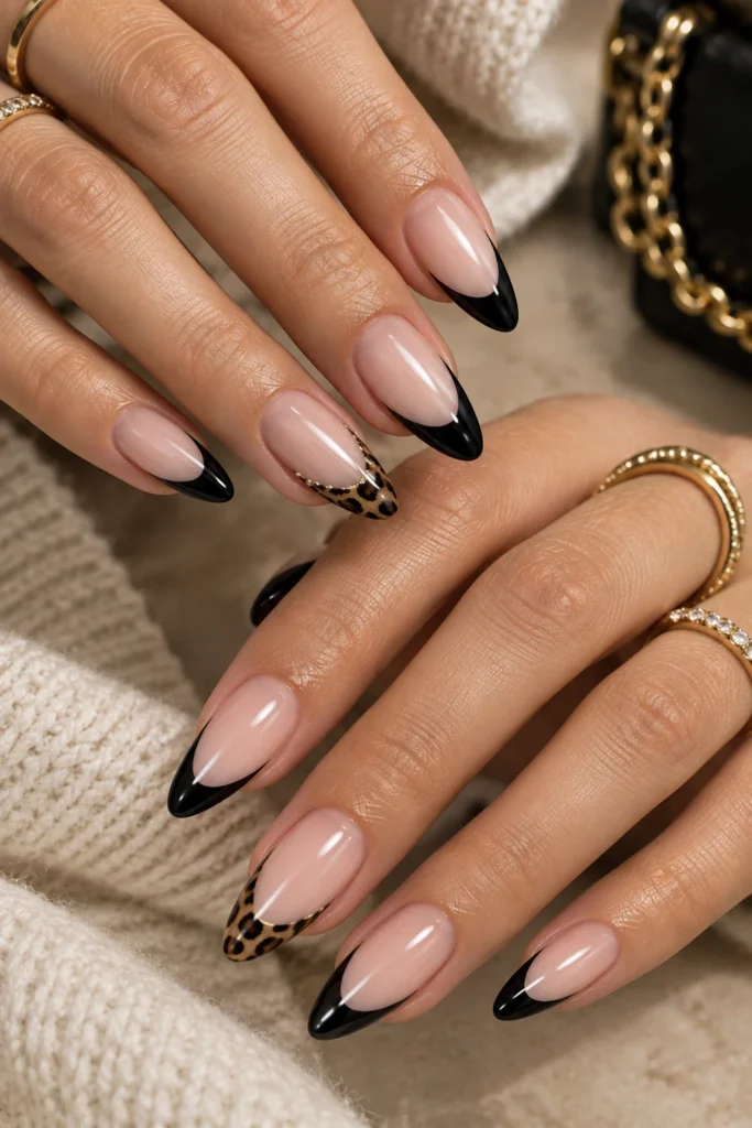 Black French tips with leopard print accents
