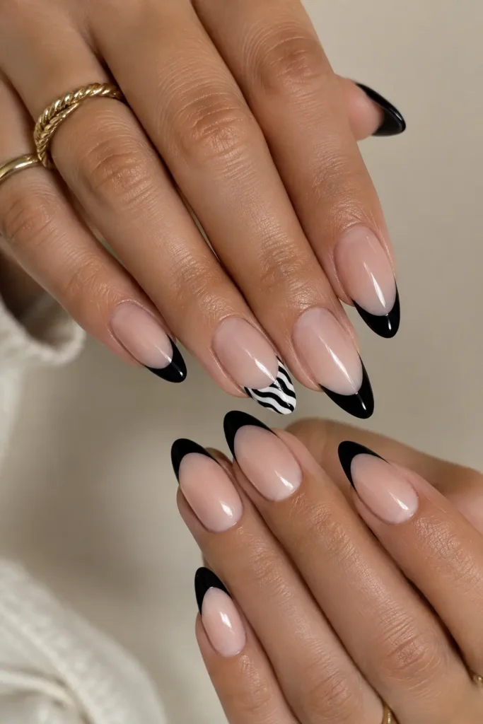 Black and white zebra French tip nails