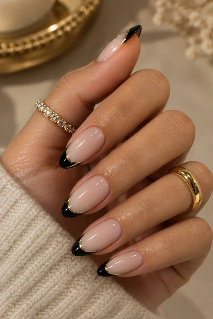 Black and gold French tip nails on almond nails
