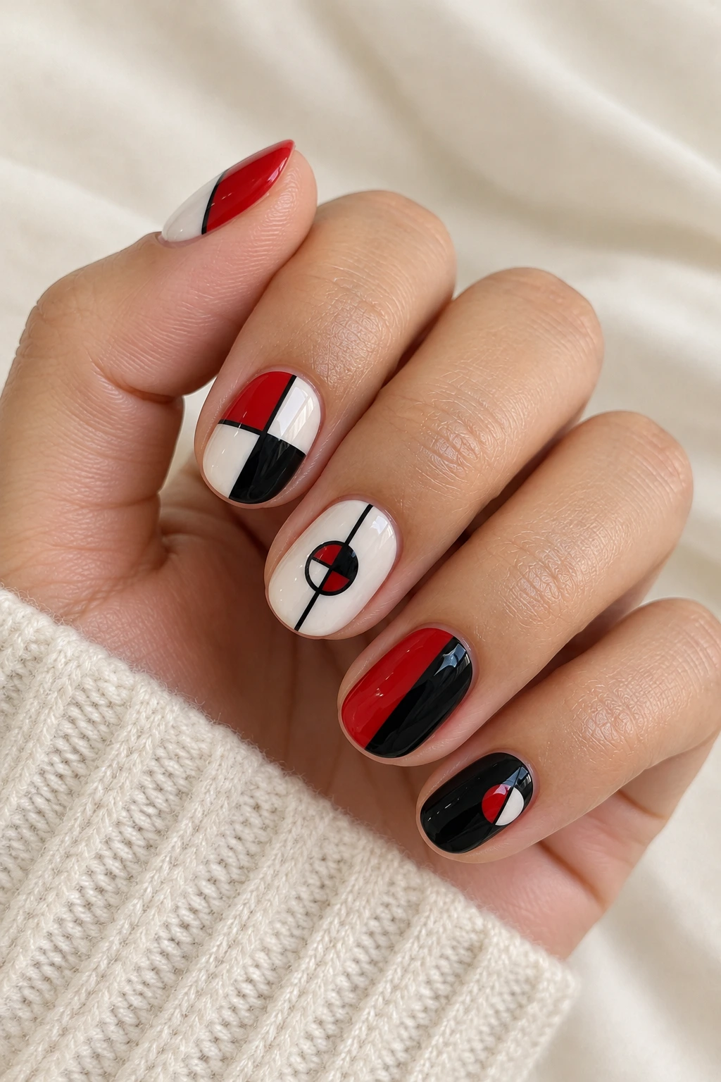 Minimal red, white, and black Poké Ball nail designs