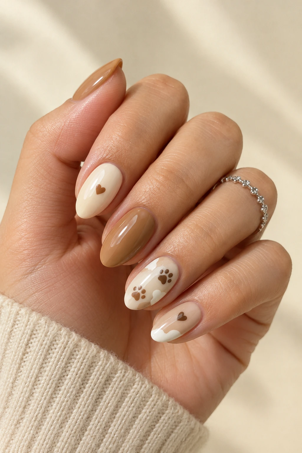 Soft brown and cream Eevee-inspired manicure