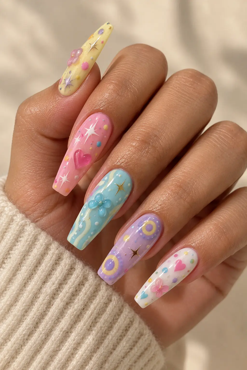 Long Pokémon acrylic nails with colorful character-inspired details