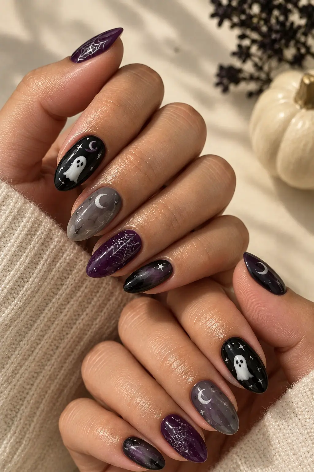 Spooky Pokémon Halloween nails in dark purple and black tones