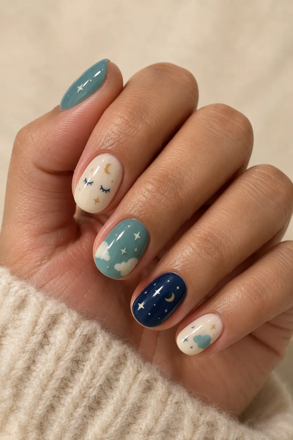 Cozy Snorlax-inspired nails in muted blue and cream shades
