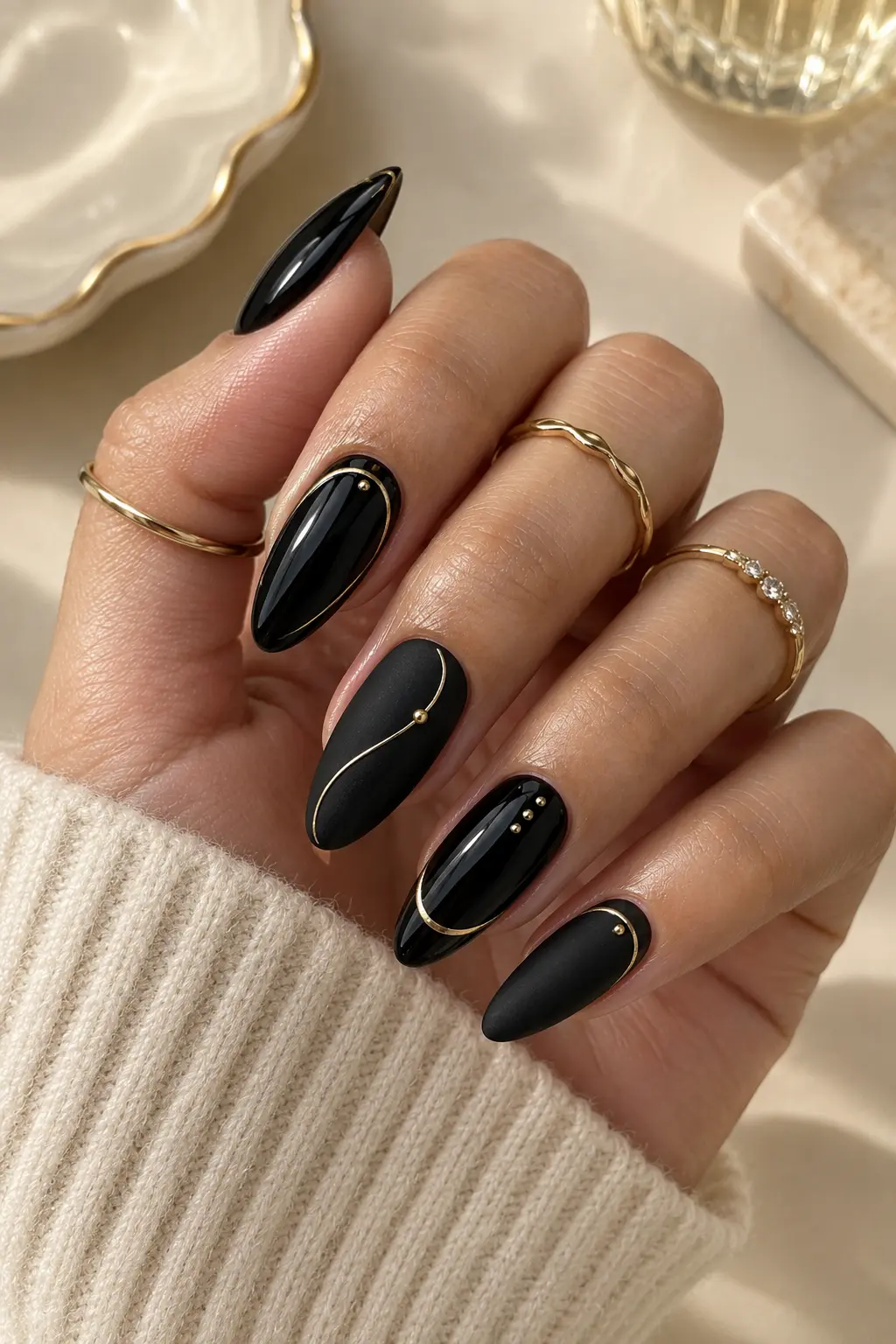 Black and gold Umbreon-inspired nail art with sleek metallic accents