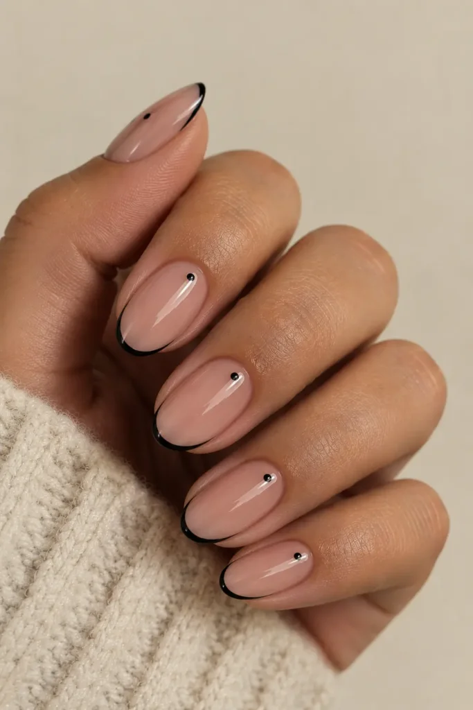 Short oval nails with black micro-French tips and dots