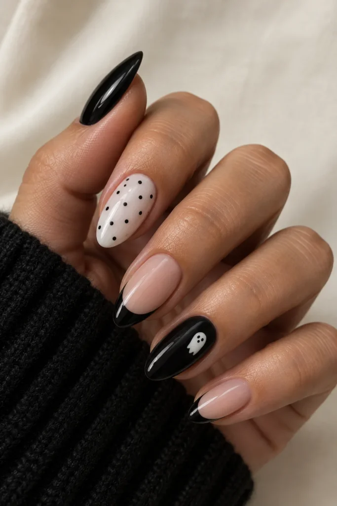 Black and white mix-and-match almond nails