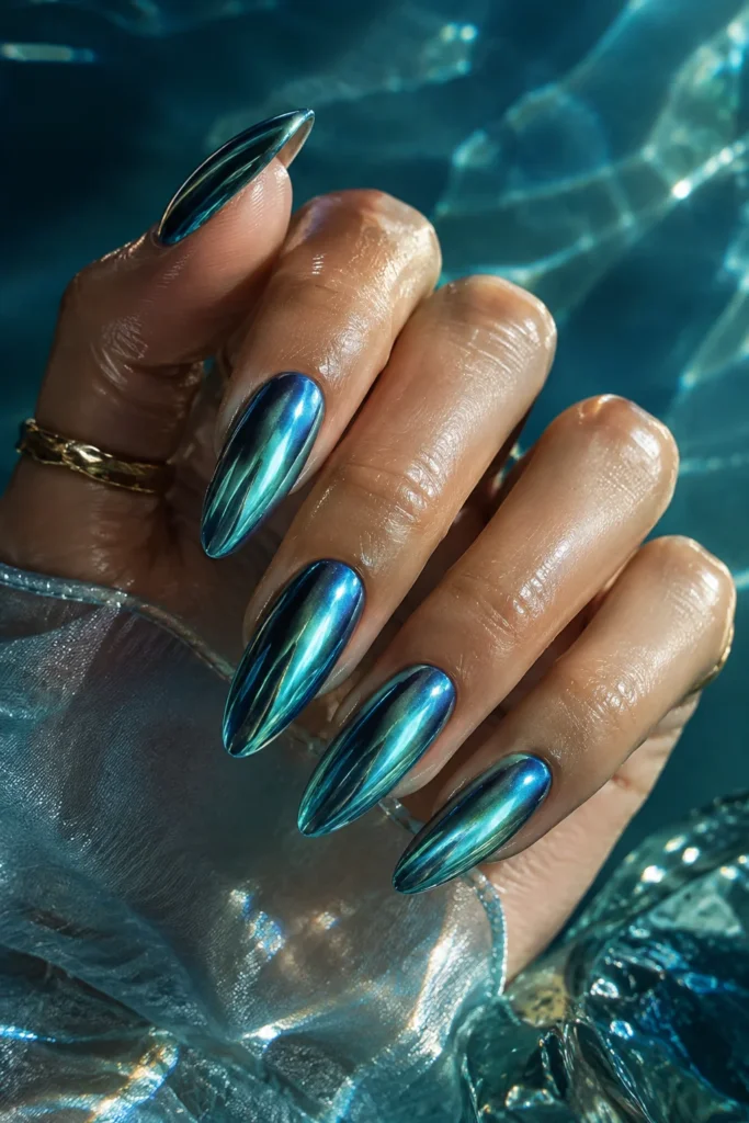 Glossy blue chrome mermaid nails with aqua undertones