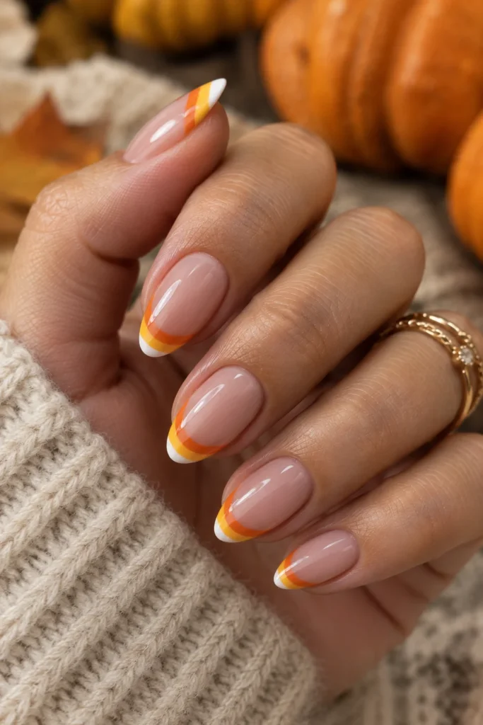 Almond nails with white orange and yellow candy-corn tips