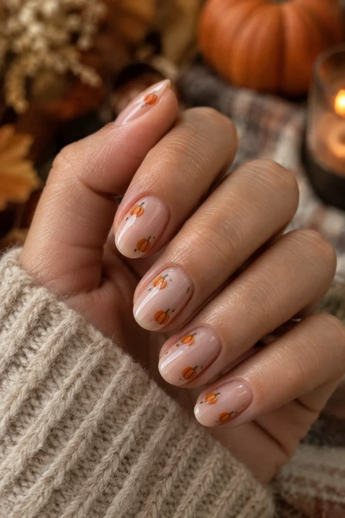 Nude nails with tiny orange pumpkin designs