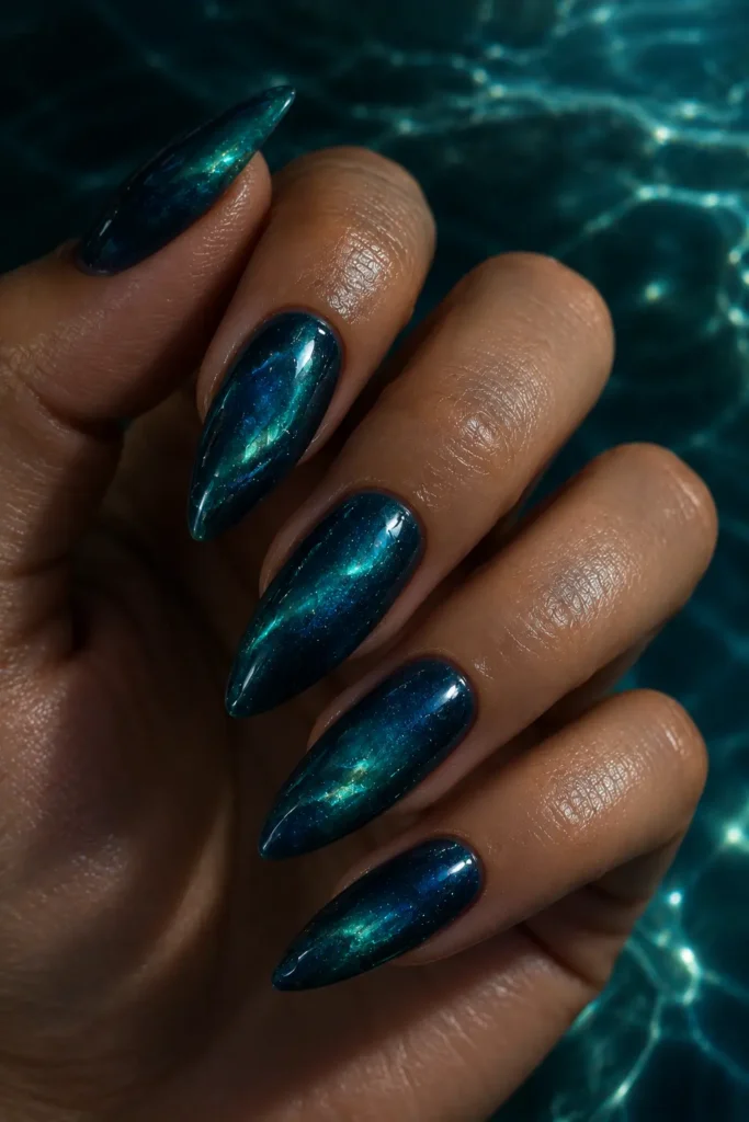 Dark teal manicure with deep ocean shimmer and chrome accents