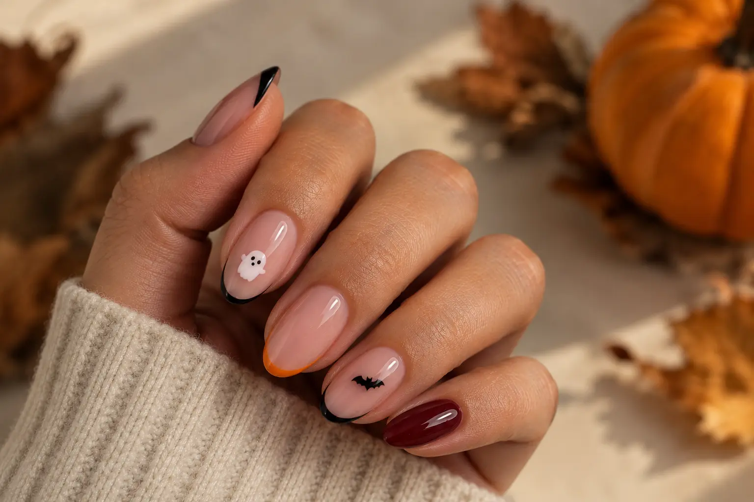 Easy Halloween nail designs with ghosts, black French tips, pumpkins, and bats