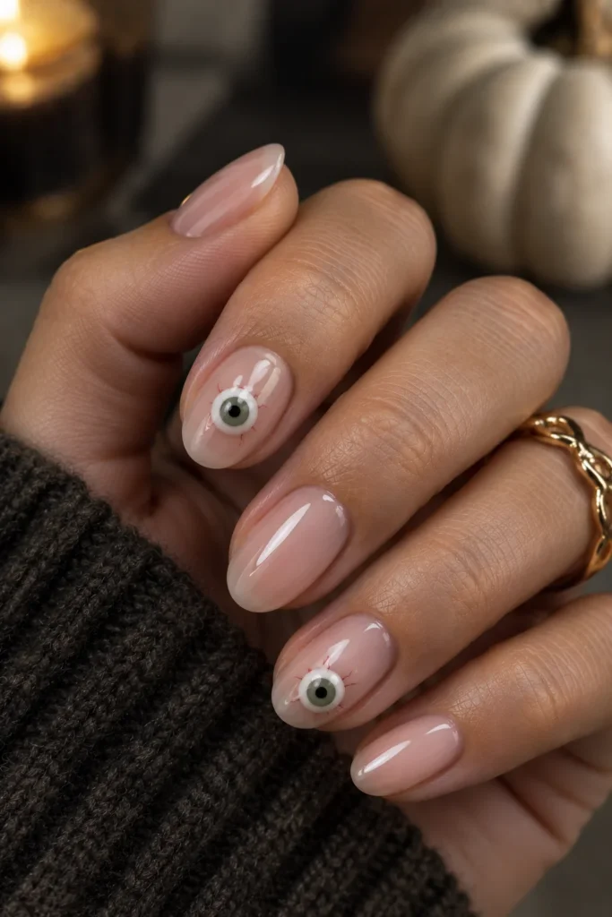 Nude nails with cute layered eyeball accents