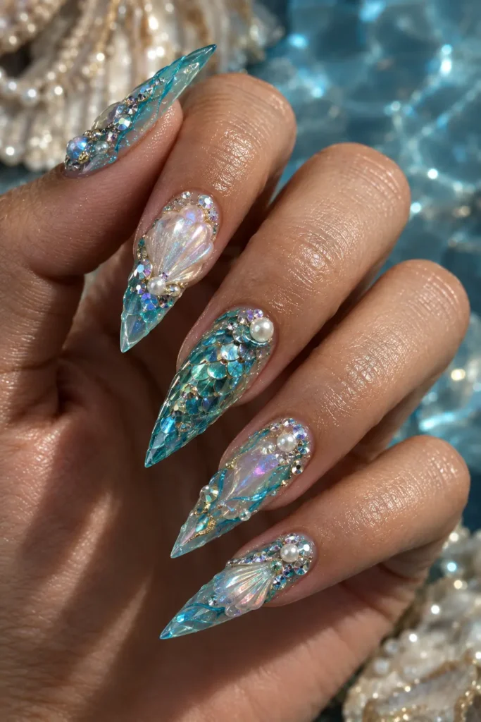 Full fantasy mermaid nails with shells, pearls, scales, and chrome
