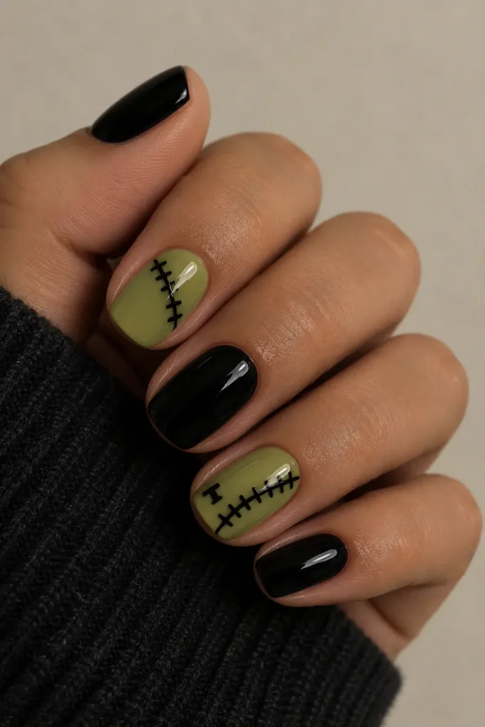 Green and black Frankenstein-inspired nails