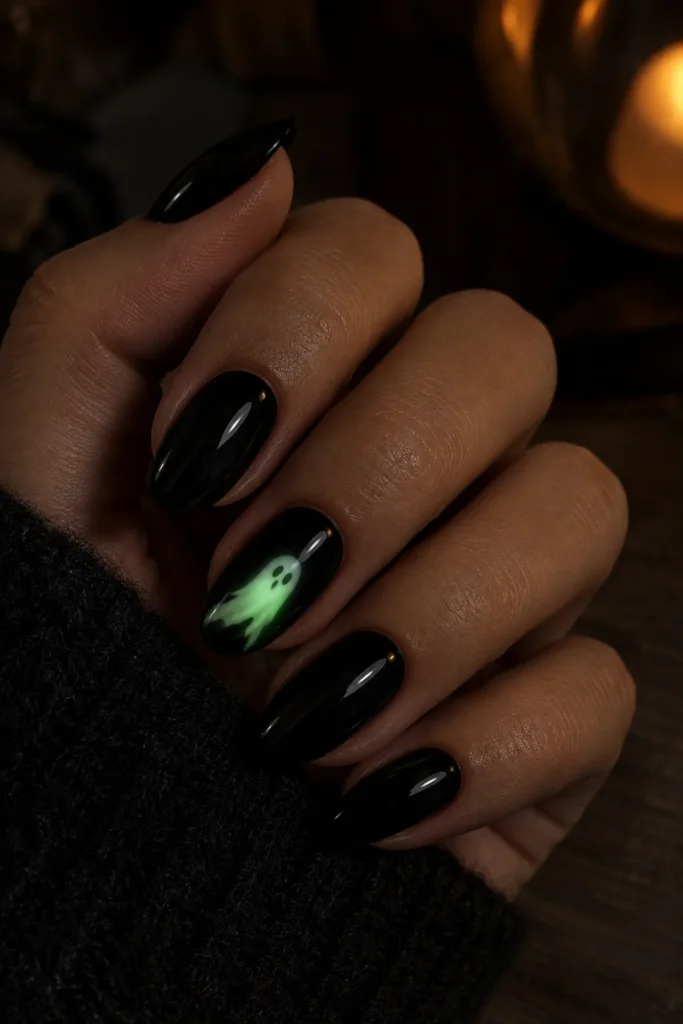 Black nails with a glowing pale-green ghost accent