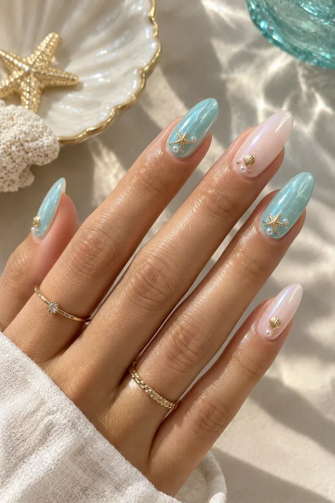 Ocean-inspired manicure with gold seashell and pearl accents