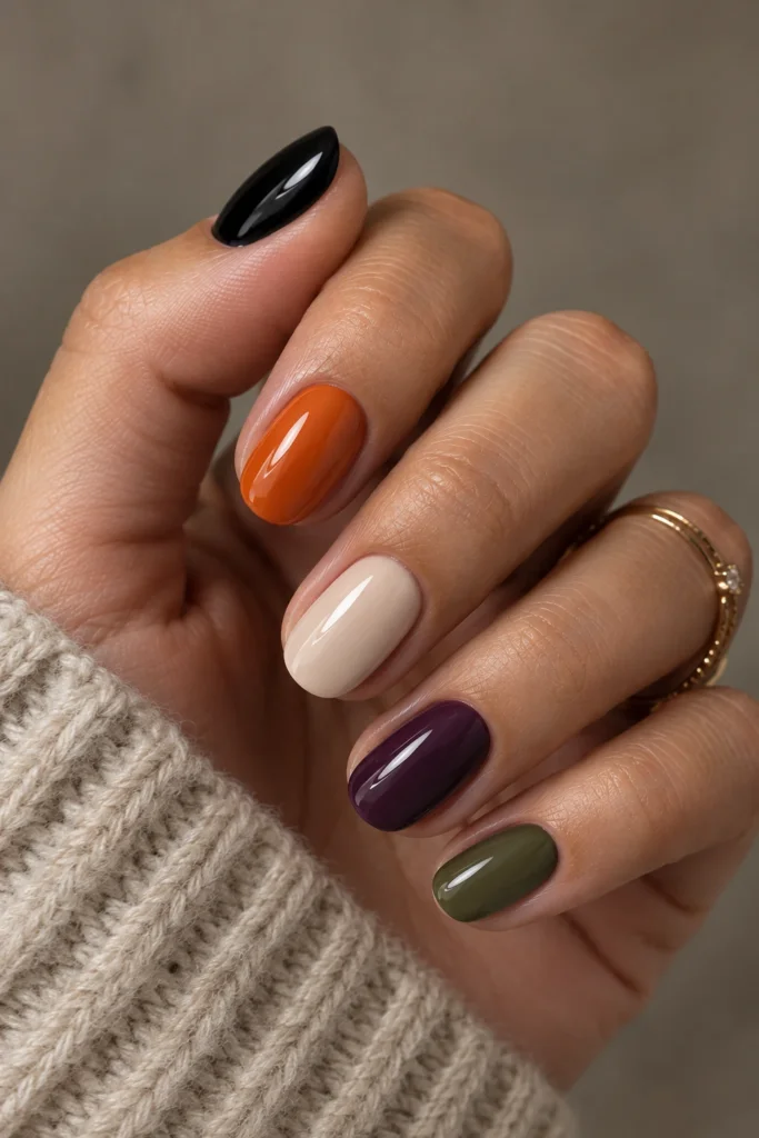 Short nails in a black, orange, cream, purple, and olive palette