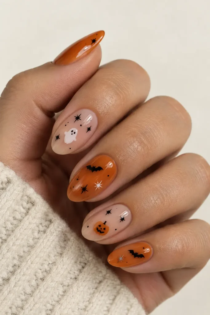 Nude and orange nails with small Halloween stickers