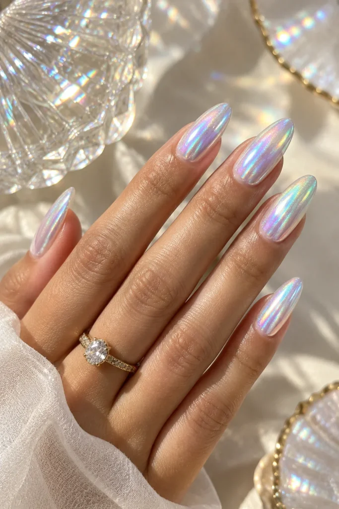 Holographic manicure with colorful rainbow-like iridescent reflections