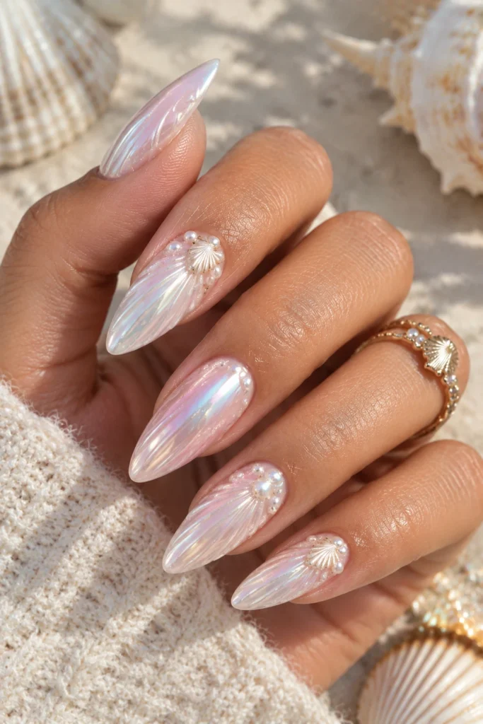 Iridescent manicure with sculpted seashell and pastel details