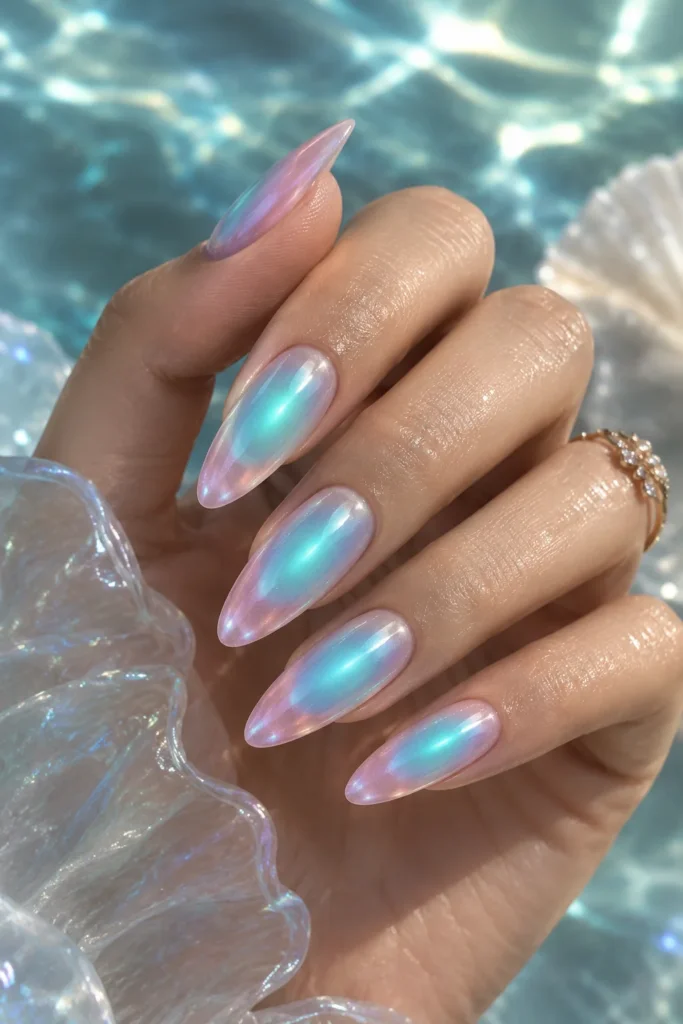 Aqua and lavender mermaid nails with a soft aura effect