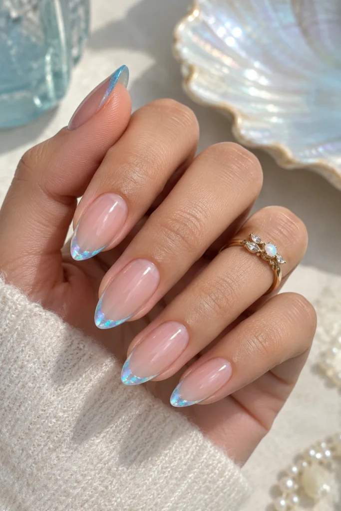 Elegant French manicure with iridescent turquoise tips