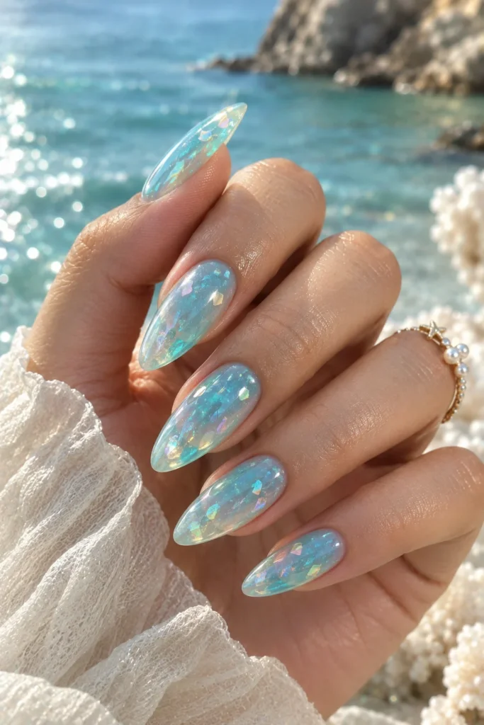 Translucent aqua jelly manicure with glossy shimmer