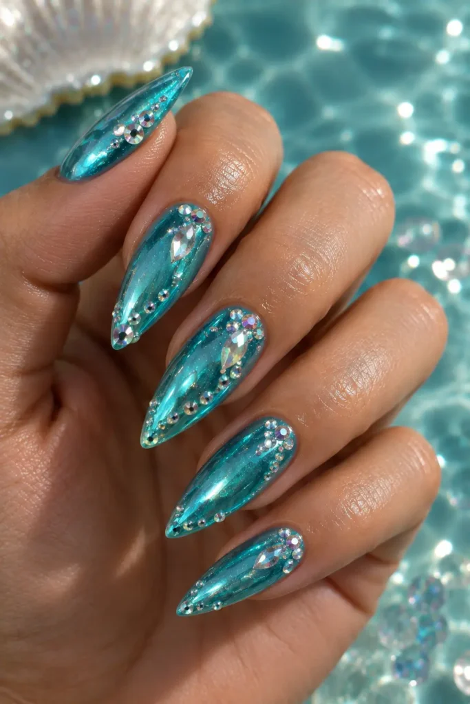 Glamorous manicure with rhinestones, pearl chrome, and aqua details