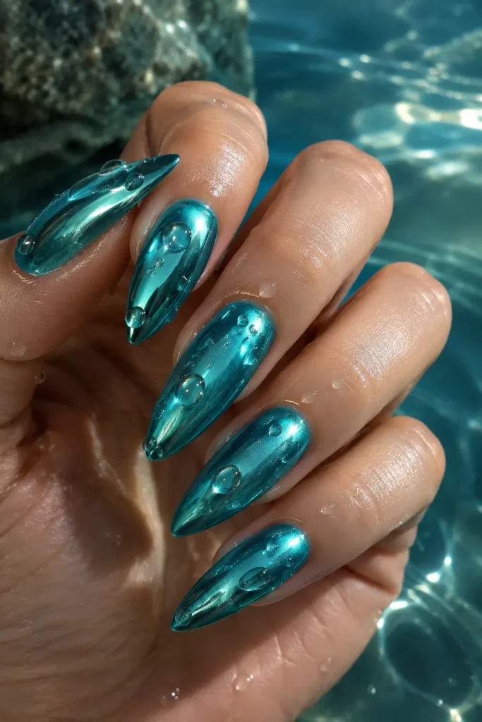 Glossy aqua manicure with raised three-dimensional water drop details