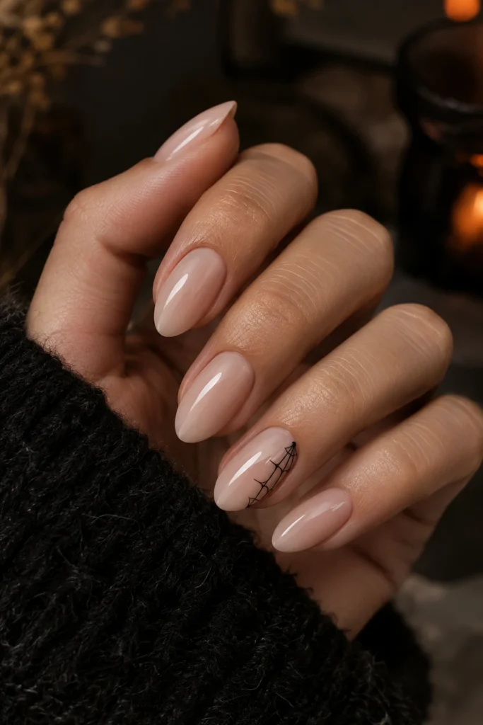 Nude nails with a delicate black spiderweb accent