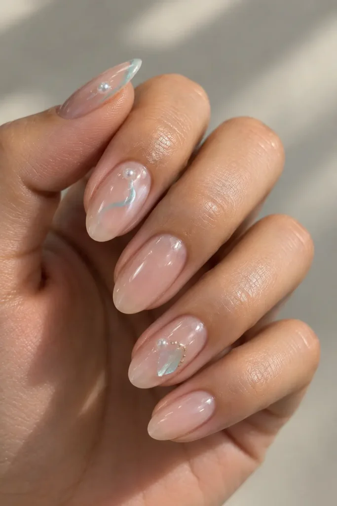 Minimalist manicure with subtle iridescent and aqua accents