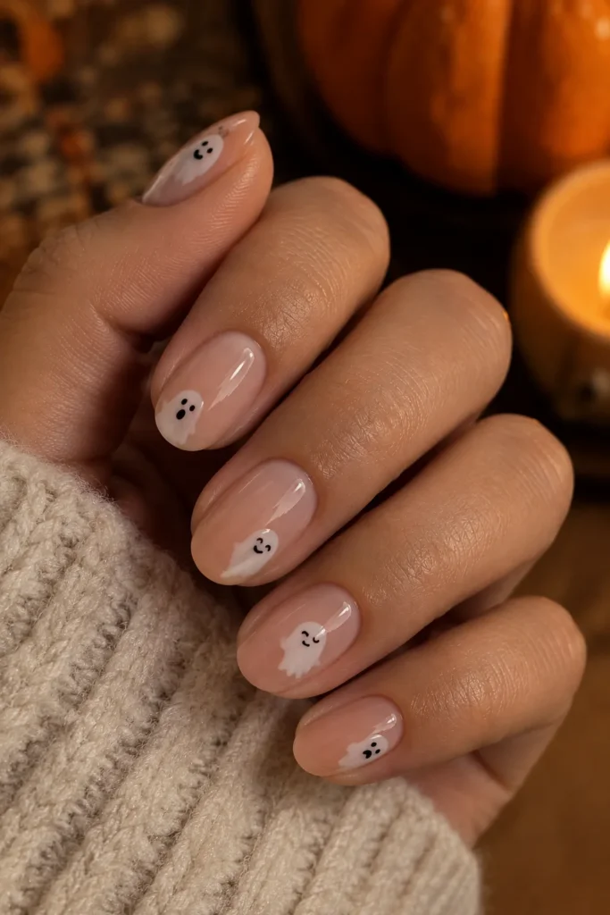 Nude nails with mismatched white ghost faces