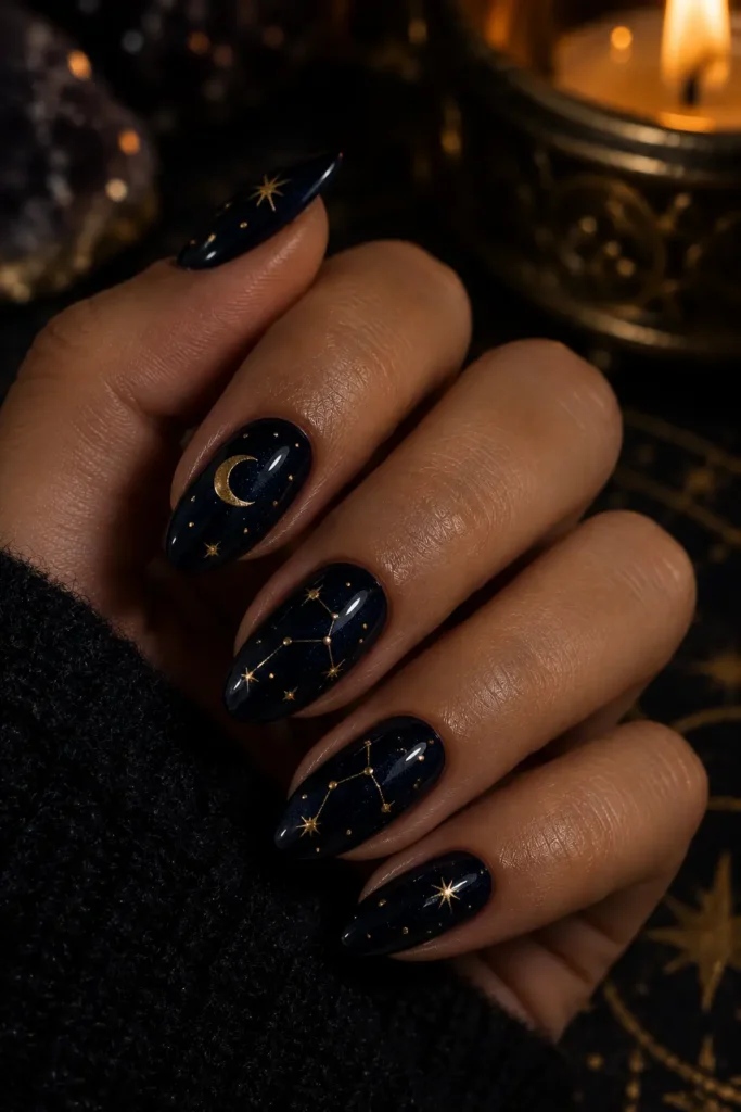 Midnight navy nails with gold moons and tiny stars