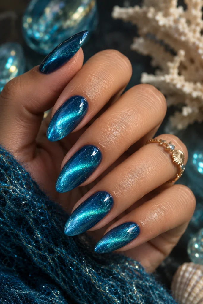 Ocean blue cat-eye mermaid nails with reflective shimmer