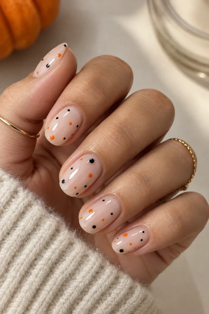 Milky nude nails with orange and black dots