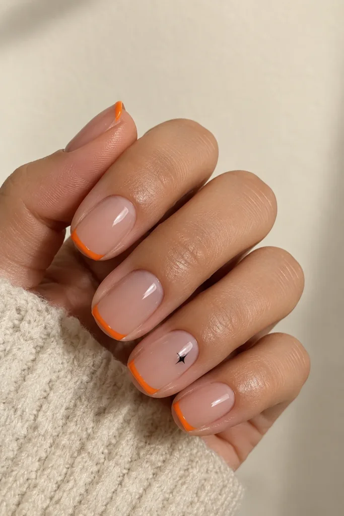 Short square nails with pumpkin-orange French tips