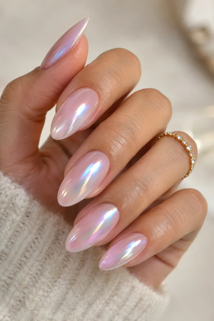 Pearl chrome mermaid nails with soft pink and iridescent reflections
