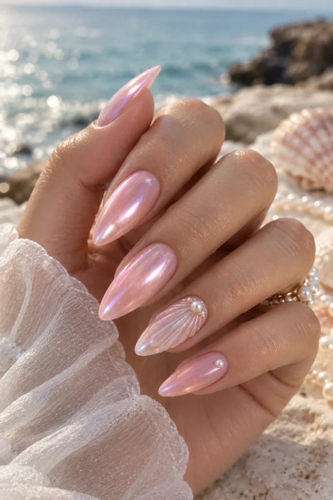 Soft pink mermaid nails with pearl chrome shimmer