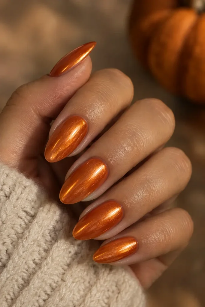 Pumpkin-orange nails with a pearly chrome finish