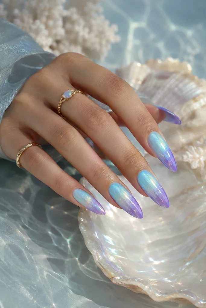 Purple and aqua ombré manicure with an iridescent finish