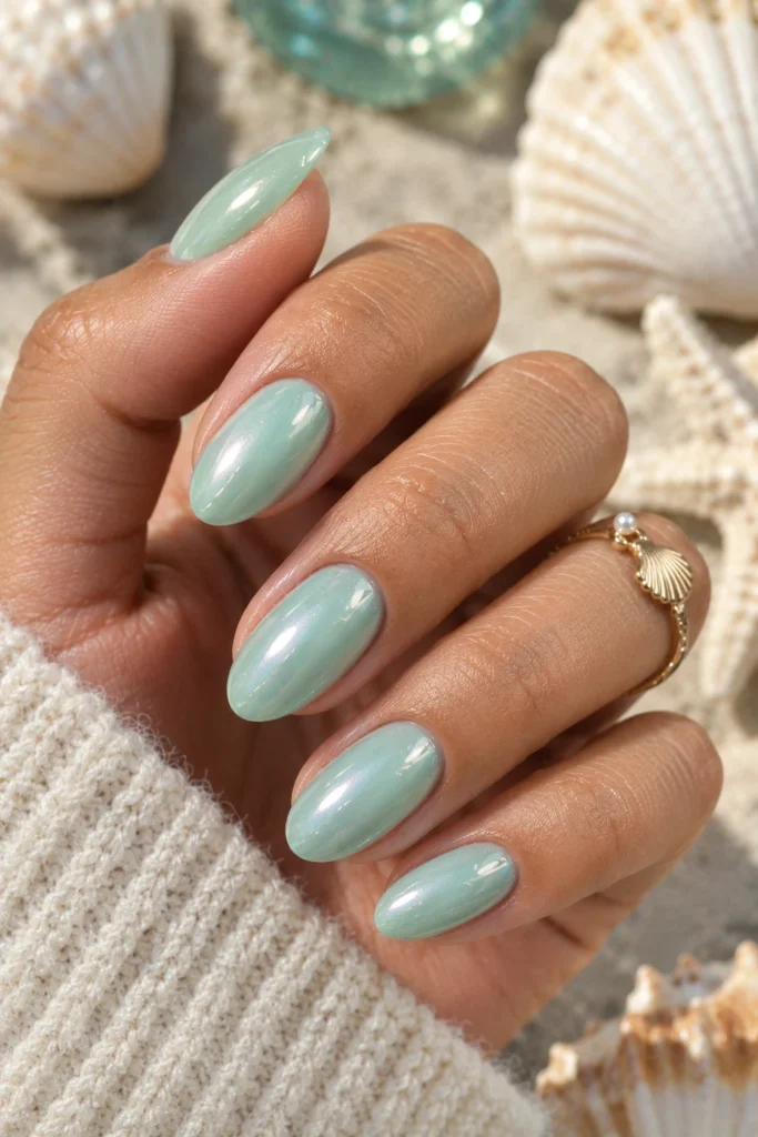 Soft seafoam green manicure with a pearly glossy finish