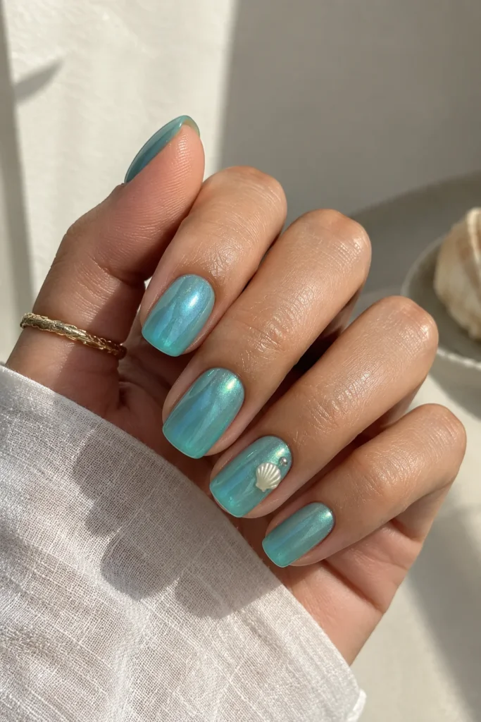 Short mermaid nails with a soft pearl chrome finish