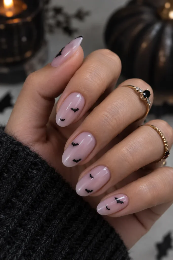 Pale lavender nails with tiny black bat silhouettes