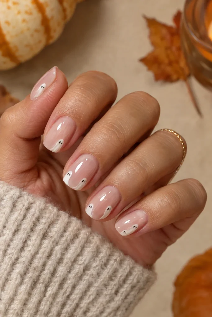 Easy Halloween nails with tiny white ghost accents on short squoval nails